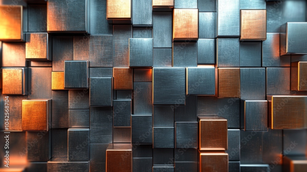 Poster a vibrant arrangement of metallic cubes in various shades reflects light, forming an intricate abstr