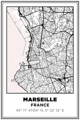 Obraz premium Black and white printable Street map art Marseille city, France. Travel poster with coordinates, poster design, Modern Poster Wall Art Home Decor Ready to Printable