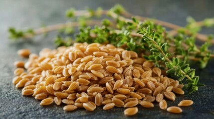 Obraz premium Scattered Farro Grains with Fresh Sprig of Herb