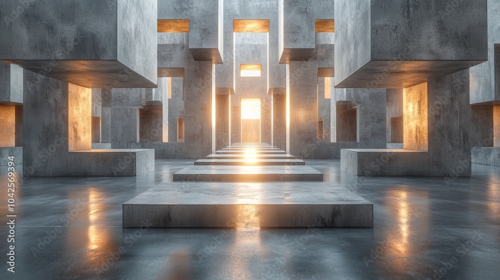 Fototapete This environment features an intricate arrangement of concrete structures with glowing openings, creating a captivating effect as sunlight streams through, emphasizing the geometric design.