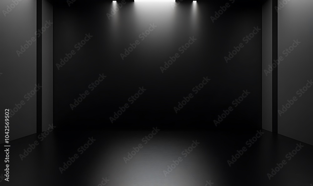 Poster a minimalist black room with reflective floor and overhead lights, creating a dramatic, empty space 