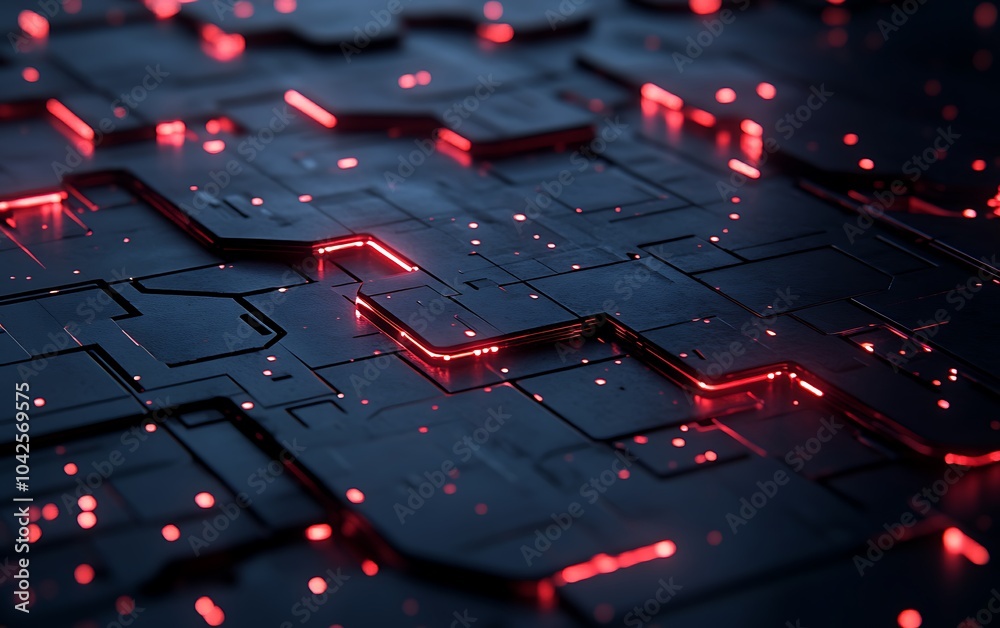 Poster A digital fusion of dark patterns glowing with red accents, creating a futuristic, tech-inspired aesthetic.