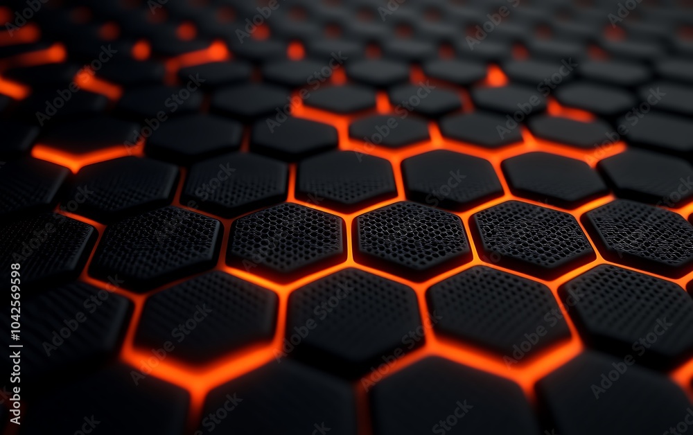 Poster A close-up of a hexagonal pattern with a dark background, illuminated by vibrant orange highlights, creating a modern and dynamic design.