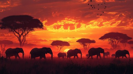 Fototapeta premium Silhouette of a large elephant herd moving across the savanna, the sky ablaze with fiery sunset hues, acacia trees dotting the landscape