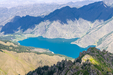 Aerial view of the Heaven Lake, Tianshan Tianchi National Geopark