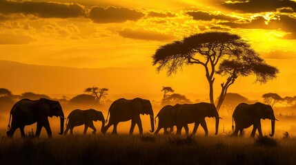 Fototapeta premium Silhouetted elephant herd walking through the African savanna at sunset, golden skies and acacia trees in the distance