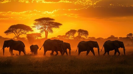 Fototapeta premium Silhouetted elephant herd walking through the African savanna at sunset, golden skies and acacia trees in the distance