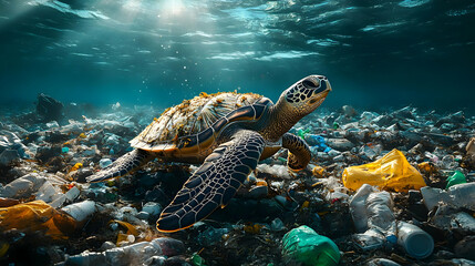 Obraz premium Sea turtle navigating through a polluted ocean filled with plastic waste.