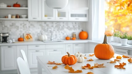 Sleek white kitchen with modern design contrasts with warm autumn decorations: bright pumpkins, scattered leaves add cozy seasonal touches.