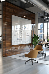 Obraz premium Modern office space featuring collaborative whiteboard and ergonomic seating design
