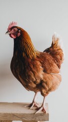 Close-up of a rooster with reddish-brown plumage and detailed feathers in studio