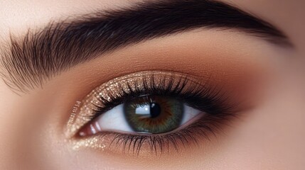 Obraz premium Stunning close-up of a female eye with natural makeup, perfectly shaped brows and a subtle shimmer accentuating the fashion beauty.