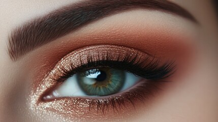 Obraz premium Stunning close-up of a female eye with natural makeup, perfectly shaped brows and a subtle shimmer accentuating the fashion beauty.