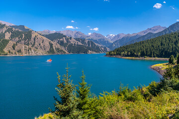 A boat cruise at Heavenly lake, Xinjiang Tianshan, China