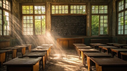 Sunlight streams through broken windows, illuminating an abandoned classroom filled with vintage wooden desks and a chalkboard covered in old writing. Dust lingers in the air.