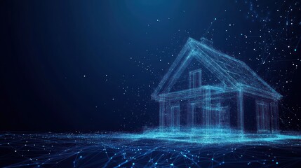 A digital representation of a house created with blue wireframe and particle effects.
