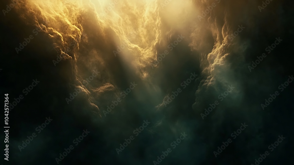 Poster Ethereal light breaks through dark clouds, creating a mystical ambiance filled with swirling patterns and a sense of depth.