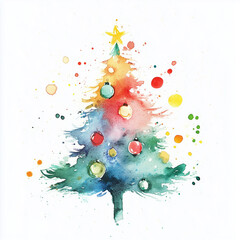 Watercolor illustration. Christmas tree on a white background, illustration for a card. Multi-colored blurry splashes and spots of paint. Sketch, hand drawn illustration.