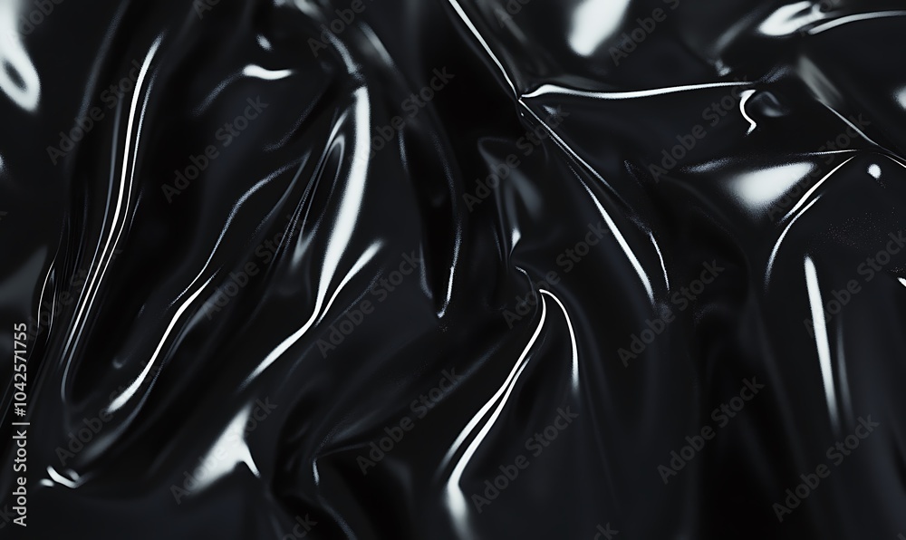 Poster A close-up view of glossy, black fabric with a wrinkled texture, reflecting light and creating a striking, smooth surface.
