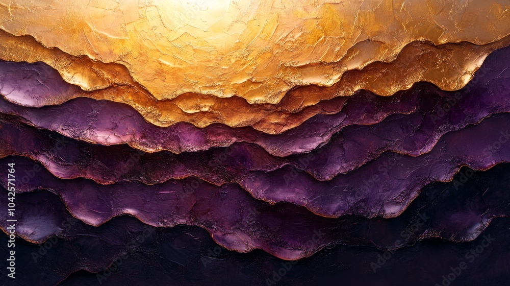 Poster this artwork features a stunning display of layered waves in deep purple and radiant gold tones, evo
