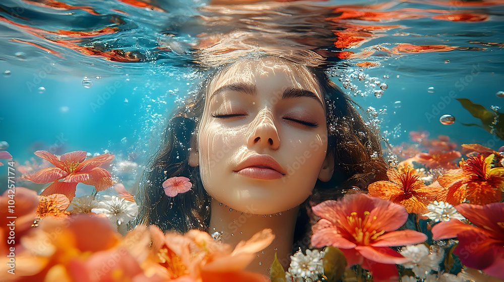 Sticker A serene underwater portrait surrounded by vibrant flowers.