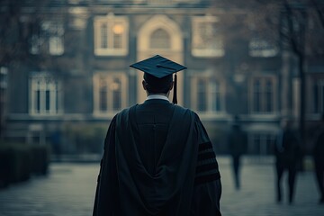 A graduate in cap and gown stands with their back to the camera, facing a blurred building that resembles an educational institution. with generative ai