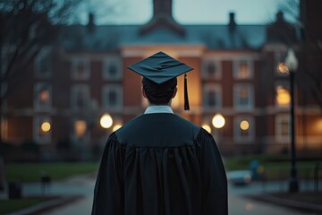 A graduate in cap and gown stands with their back to the camera, facing a blurred building that resembles an educational institution. with generative ai