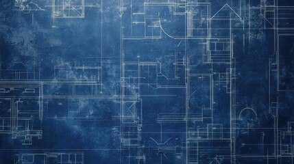 Fototapeta premium Blueprint design with detailed architectural plans on a blue background.