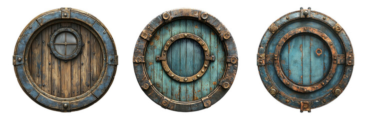 Fototapeta premium PNG Vintage Round Wooden Door Designs for Fantasy Themes isolated on transparent background