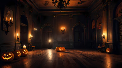 Fototapeta premium grand hall decorated for Halloween, featuring a large eerie painting as the focal point on the wall