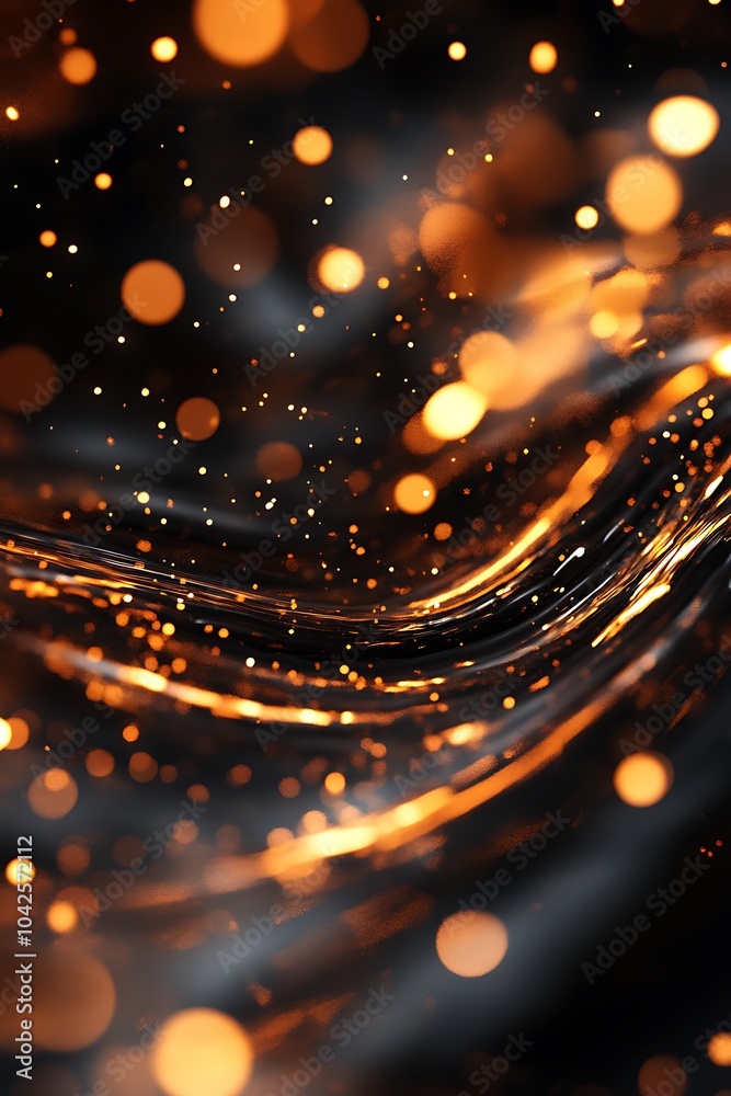 Poster a shimmering, abstract image featuring golden sparkles and flowing light on a dark background, creat