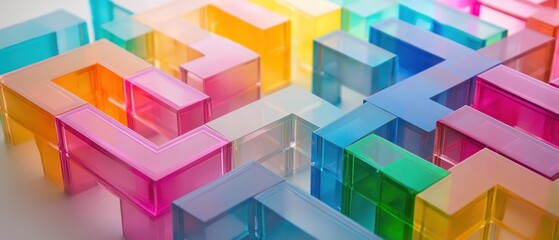 Obraz premium Colorful translucent blocks arranged in a maze-like pattern, showcasing geometric design.