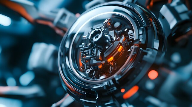 A cinematic macro shot of a futuristic dron reflective lens, capturing the intricate mechanical components inside, as small gears and circuits whirl with precision.