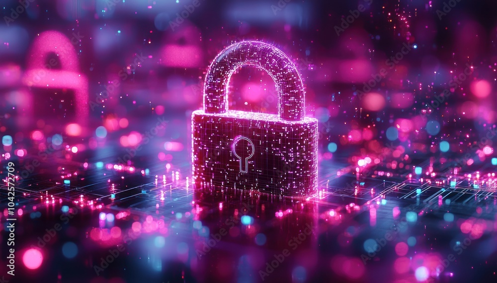 Poster cybersecurity lock on a futuristic circuit board