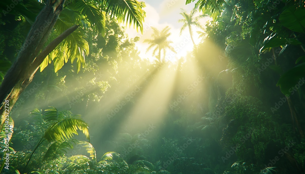 Aufkleber a serene jungle scene with sun rays streaming through lush greenery, creating a tranquil and invitin