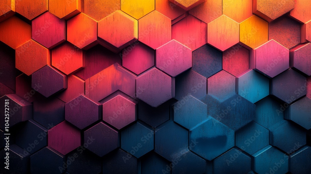 Poster A striking array of hexagonal shapes showcases a vivid blend of warm and cool colors, providing a dynamic background suitable for various design applications.