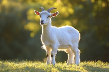 Obraz premium A young white goat stands in a grassy field with a golden sunset in the background.