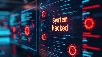 Cyber Hacker Attack - Dark Room with System Hacked Screen and Digital Virus Icons Spreading