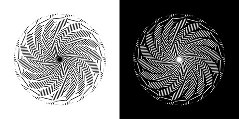 Abstract background with lines pattern in circles. Spiral art design as logo or icon. A black figure on a white background and the same white figure on the black side. Mandala with line pattern.