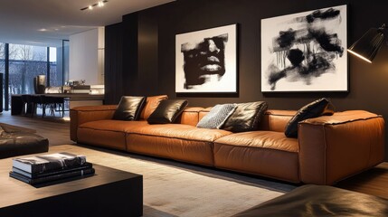 Warm lighting casts a cozy glow over a contemporary living room with a brown leather sofa and minimalist decor, featuring bold black-and-white artwork.