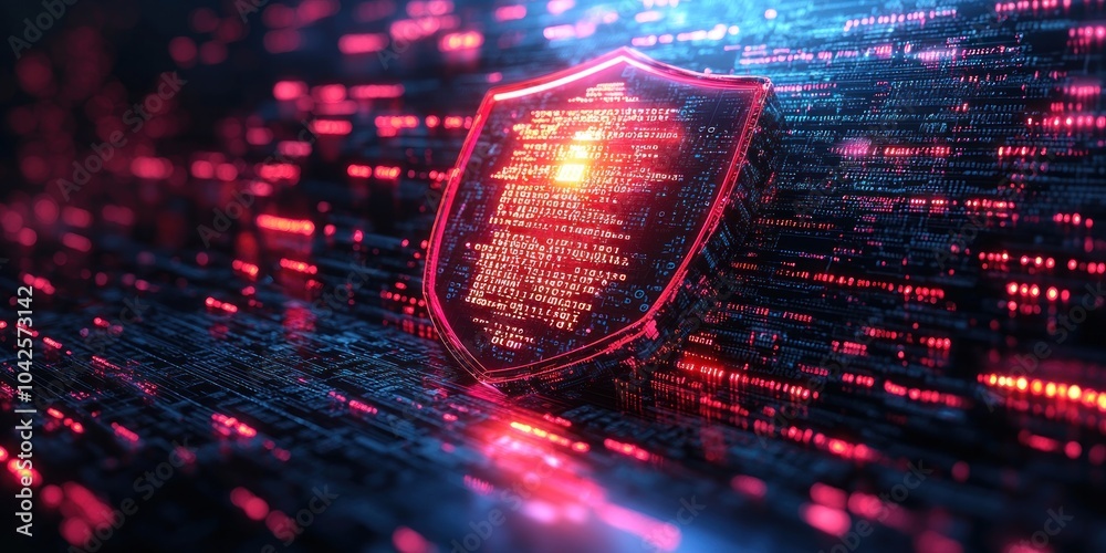 Poster glowing red shield on abstract digital background