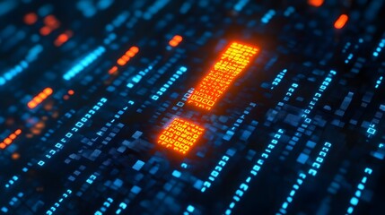 Obraz premium Exclamation mark icon with glowing binary code on blue background