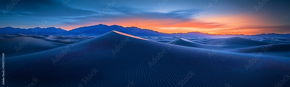 Poster A serene desert landscape at twilight, showcasing rolling dunes under a gradient sky with hints of sunset in the background.