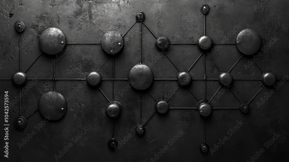 Poster A striking black wall features a geometric arrangement of circular shapes interconnected by lines, creating an intriguing design in an industrial-style setting.