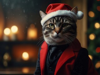 A stylish boss cat in a suit and Christmas hat, stands against a blurry background, perfect for festive wishes.