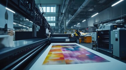 Fototapeta premium Wide-angle view of an industrial inkjet printer in action, spraying vibrant ink onto large sheets of media in a bustling, high-tech printing facility.