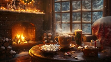 Winter comfort: hot cocoa with marshmallows, soft firelight flickering from the fireplace, a cozy scene of warmth and relaxation.