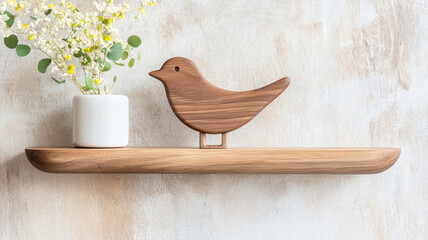 wooden bird shaped key holder adds charming touch to any decor, complemented by small white vase with flowers. Perfect for organizing keys stylishly