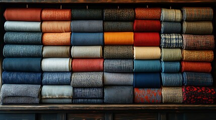 A close-up shot of a wooden shelf with a variety of colorful socks neatly stacked in rows.