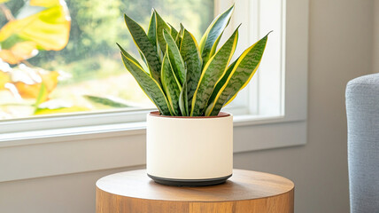 Minimalist planter with sleek design housing snake plant, adding touch of greenery to interior space. vibrant leaves enhance natural light in room